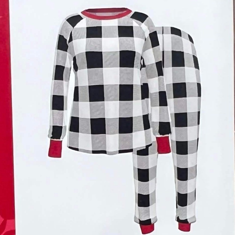 Holiday Time Womens Pajama Set Black White Buffalo Plaid Red Trim Medium 8-10